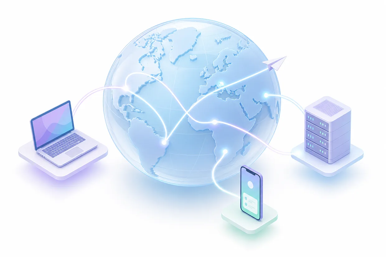 Illustration of Clash global proxy nodes: accelerated routes between the globe and multiple devices